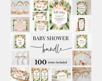 Paquete editable de baby shower floral tropical para niña, paquete de invitaciones para baby shower tropical aloha, paquete de juegos hawaianos para baby shower para niña, BBS676