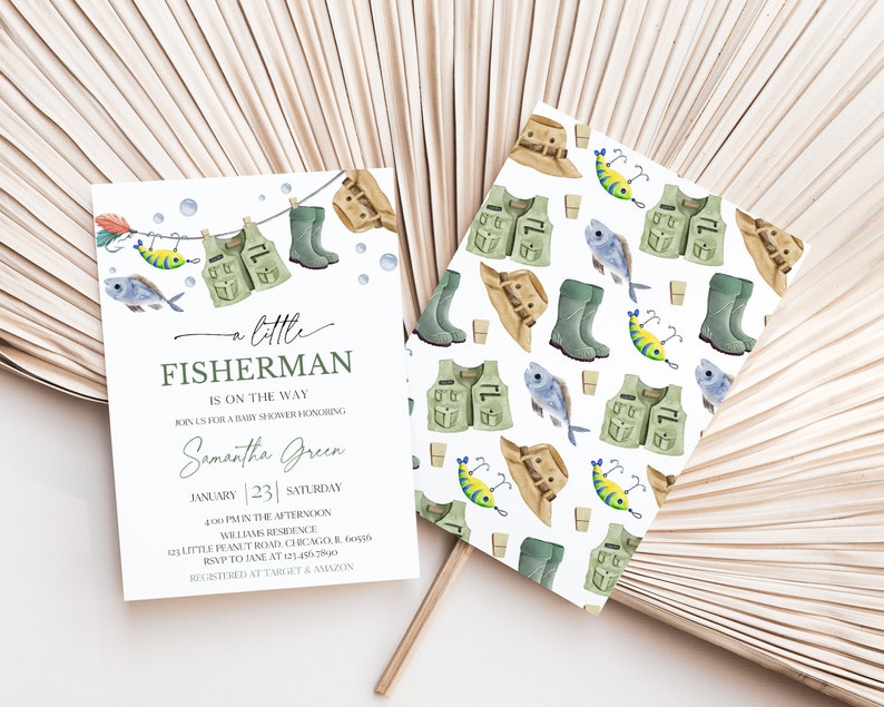 Editable A Little Fisherman Baby Shower Invitation Bundle, Boy Fishing Baby Shower Invite, Green Fishing Baby Shower Invitation, BBS687 image 3