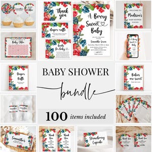 Pode incluir: Um pacote de chá de bebê com 100 itens com tema de frutas vermelhas e flores. O pacote inclui convites, cartões de agradecimento, bilhetes de rifa de fraldas e outros itens imprimíveis. O texto "A Berry Sweet Baby" aparece no convite.