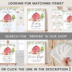 May include: A set of printable baby shower decorations featuring a red barn, farm animals, and greenery. The text on the signs reads "Baby Shower", "Welcome to Samantha's Baby Shower", "Babies are sweet", "Diaper Raffle", and "Thank You".