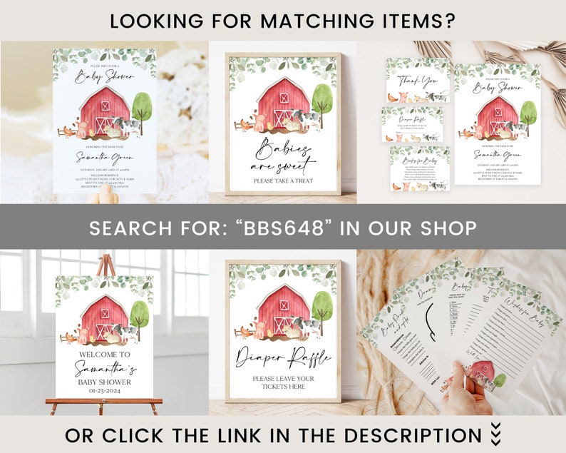 May include: A set of printable baby shower decorations featuring a red barn, farm animals, and greenery. The text on the signs reads "Baby Shower", "Welcome to Samantha's Baby Shower", "Babies are sweet", "Diaper Raffle", and "Thank You".