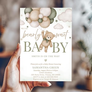 Editable Gender Neutral Bear Baby Shower Invitation, We Can Bearly Wait Baby Shower Invite, Green Boho Bear Baby Shower, Neutral Bear,BBS390