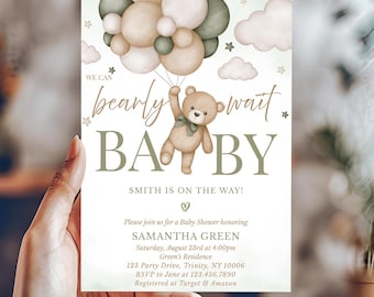 Faire-part de baby shower modifiable avec un ours neutre, nous pouvons attendre une invitation pour baby shower, baby shower d'ours bohème vert, ours neutre, BBS390