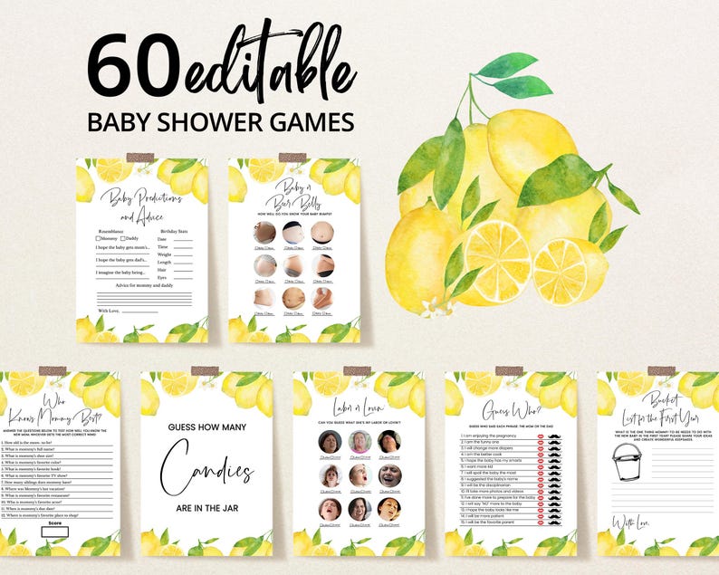 May include: A set of 60 printable baby shower game cards featuring a lemon theme. The cards are decorated with watercolor lemons and leaves. The games include "Baby Predictions and Advice", "Guess How Many Candies Are in the Jar", "Who Knows Mommy Best", "Labor of Love", "Guess Who", and "Bucket List for the First Year".