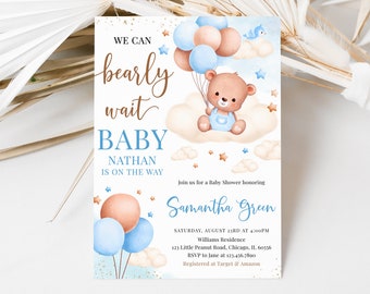 Editable Brown Bear Balloon Baby Shower Invitation, We Can Bearly Wait Baby Shower Invite, Blue Boy Boho Bear Baby Shower, BBS826