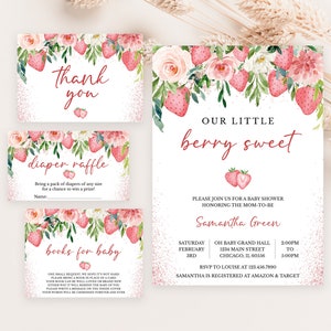 Redigerbar rosa jordgubbsinbjudningspaket för babyshower, blommig jordgubbsinbjudan för babyshower, söt bärinbjudan för babyshower, BBS666