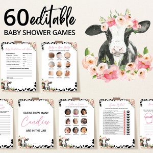 Editable Holy Cow Baby Shower Game Bundle, Girl Highland Cow Baby Shower Game Pack, Pink Floral Highland Cow Shower Games, BBS735
