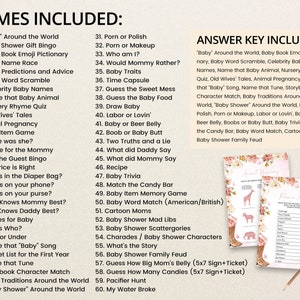 Op de afbeelding: Een digitale lijst met 60 babyshower-spellen, waaronder titels als Baby Around the World, Baby Shower Gift Bingo en Baby Word Scramble. De tekst is zwart op een lichte achtergrond, vergezeld van een antwoordsleutel en twee spelkaartvoorbeelden.