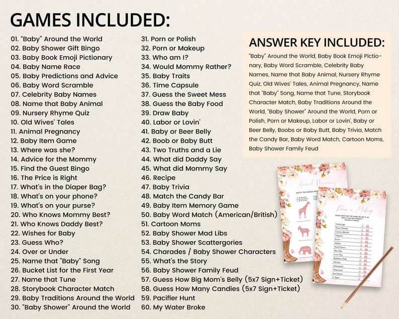 Op de afbeelding: Een digitale lijst met 60 babyshower-spellen, waaronder titels als Baby Around the World, Baby Shower Gift Bingo en Baby Word Scramble. De tekst is zwart op een lichte achtergrond, vergezeld van een antwoordsleutel en twee spelkaartvoorbeelden.
