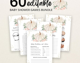 Edytowalny zestaw gier na baby shower z różowo-złotą dynią dla dziewczynek, zestaw gier na baby shower z różowo-kwiatową dynią, białe gry z dyniami, BBS801