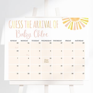 Editable Sunshine Baby Shower Guess Baby&#39;s Arrival, A Little Ray of Sunshine Shower Due Date Calendar, Girl Sun Boho Shower,  BBS397
