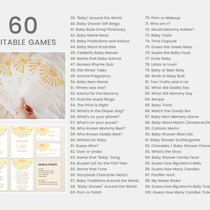 Puede incluir: Juegos de baby shower con dise&ntilde;o de rayos de sol. La imagen muestra una mano sosteniendo tarjetas y una lista de 60 juegos editables. El texto incluye "Juegos editables" y "Signos y entradas".