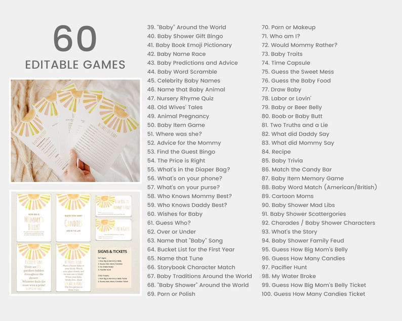 Puede incluir: Juegos de baby shower con dise&ntilde;o de rayos de sol. La imagen muestra una mano sosteniendo tarjetas y una lista de 60 juegos editables. El texto incluye "Juegos editables" y "Signos y entradas".