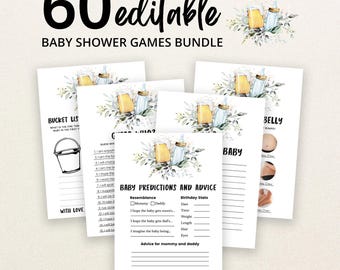 May include: A bundle of 60 editable baby shower game cards featuring watercolour illustrations of a beer mug and baby bottle with greenery. The cards include titles like Bucket List, Guess Who, and Baby Predictions and Advice with blank lines.