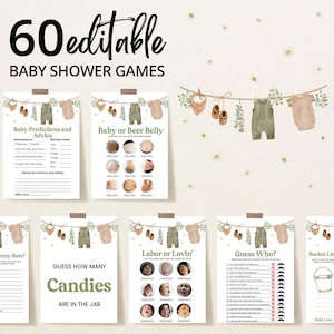 Editable Boho It&#39;s a Boy Baby Clothes Baby Shower Game Bundle, Green Boho Baby Shower Game Pack, Clothes line Shower Games, BBS853