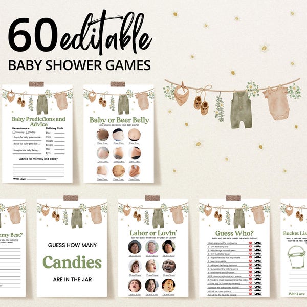 Paquete de juegos para baby shower con ropa de bebé de estilo bohemio editable, paquete de juegos para baby shower con ropa de estilo bohemio verde, juegos para baby shower con tendedero, BBS853