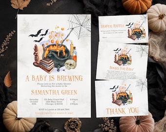 Inviti per baby shower a tema Halloween "A Baby is Brewing" modificabili, invito per baby shower di Halloween neutro, baby shower spettrale, BBS466
