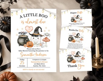 Editable A Little Boo Baby Shower Invitation Bundle, Gender Neutral Halloween Baby Shower Invite, Cute Ghost Halloween Shower Invite, BBS876