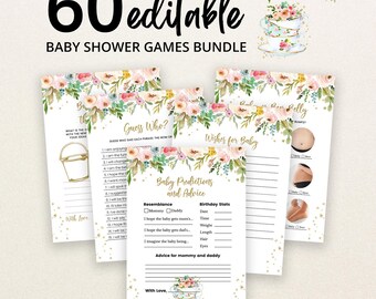 Puede incluir: Un paquete de 60 tarjetas de juegos para baby shower editables con ilustraciones florales en acuarela de rosas rosadas y vegetación. Las tarjetas incluyen títulos como Guess Who, Wishes for Baby y Baby Predictions and Advice en dorado.
