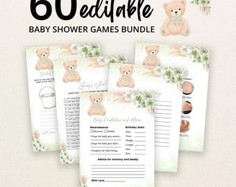 Op de afbeelding: Een bundel van 60 bewerkbare babyshower-spelkaarten met een aquarel teddybeer met een groene strik en bloemaccenten. De kaarten bevatten titels zoals Guess Who en Baby Predictions and Advice met lijnen voor het invullen van antwoorden.