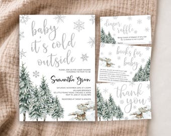 Peut inclure: Un ensemble de papeterie pour baby shower sur le thème de l'hiver avec des flocons de neige à paillettes argentées, des sapins à l'aquarelle et un sol enneigé. L'ensemble comprend une invitation, une carte de tombola, une carte de livres et une carte de remerciement.