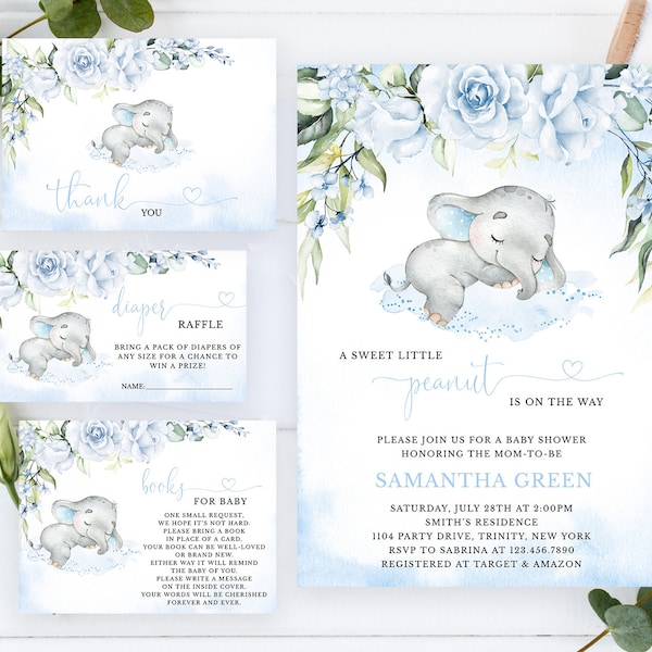 Editable Blue Boy Elephant Baby Shower Invitation Bundle, Blue Floral Elephant Baby Shower Invitation Pack, Sleeping Baby Elephant BBS376