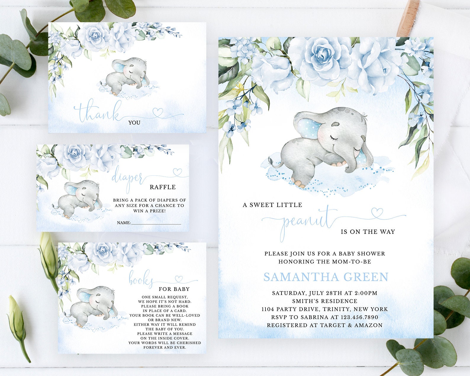 Editable Blue Boy Elephant Baby Shower Invitation Bundle Blue Floral Elephant Baby Shower Invitation Pack Sleeping Baby