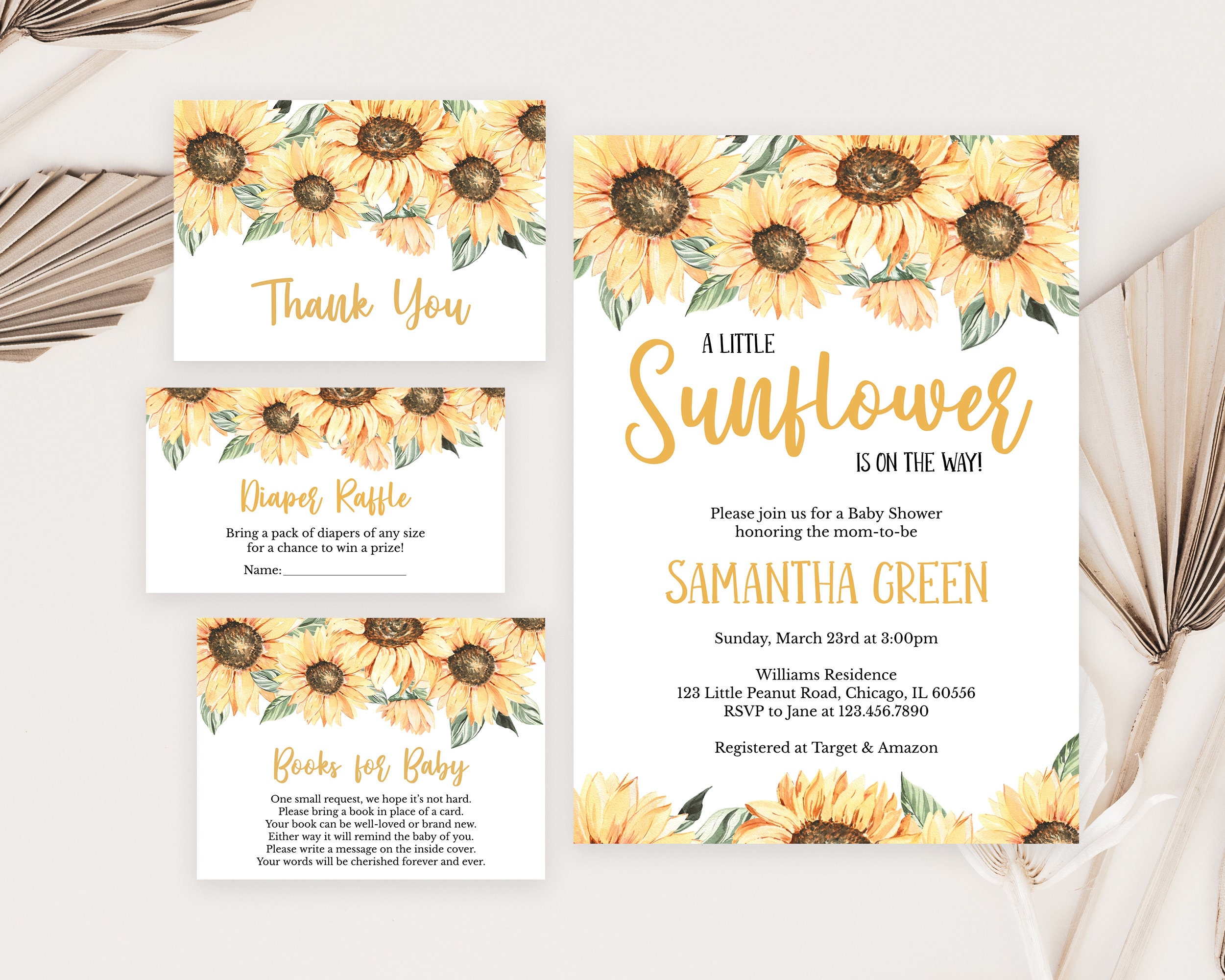 Bearbeitbares Sonnenblumen-Babyparty-Einladungspaket, Mädchen-rustikale Sonnenblumen-Babyparty-Einladung, Boho-Sonnenblumen-Babyparty-Einladung, BBS260
