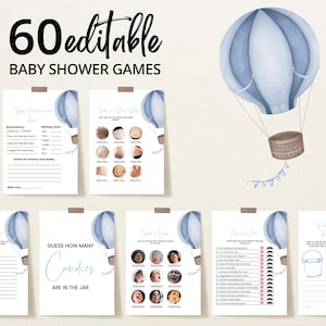 Editable Blue Oh Baby Baby Shower Game Bundle, Blue Hot Air Balloon Baby Shower Game Pack, Boy Adventure Awaits Baby Shower Games, BBS1082