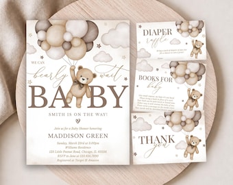 Editable Gender Neutral Bear Baby Shower Invitation Bundle, We Can Bearly Wait Baby Shower Invite, Brown Boho Bear Baby Shower, BBS391