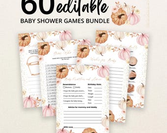 Edytowalny zestaw gier na baby shower „Dziewczynka z małą dynią”, zestaw gier na baby shower „Różowa dynia z kwiatowym wzorem”, biało-różowo-pomarańczowe gry z dyniami, BBS920