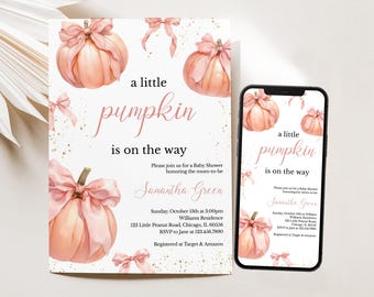 May include: Baby shower invitation with a watercolor design. The invitation features a peach pumpkin with a pink bow, the text "a little pumpkin is on the way", and event details. A smartphone displays the same design.