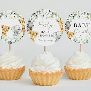 Bearbeitbar Ein wenig Wild One Babyparty Cupcake Topper, Safari Jungle Shower Cake Topper, Greenery Safari Animals Decor, BBS340