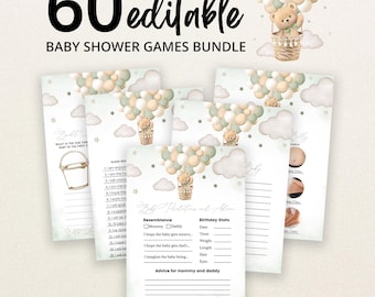 May include: A bundle of 60 editable baby shower game cards featuring a watercolor illustration of a teddy bear in a hot air balloon with sage green and beige balloons, clouds, and stars. The text reads 60 editable baby shower games bundle.