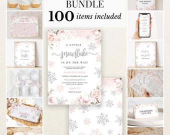 May include: A baby shower bundle featuring 100 items with a snowflake and pink floral theme. The collection includes invitations, signage, game cards, water bottle labels, cupcake toppers, and thank you tags, all displaying matching winter graphics.