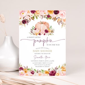 Editable Burgundy Little Pumpkin Baby Shower Invitation, Fall Floral Pumpkin Baby Shower Invite, Girl Burgundy Pumpkin Baby Shower, BBS474
