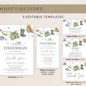 Editable A Little Fisherman Baby Shower Invitation Bundle, Boy Fishing Baby Shower Invite, Green Fishing Baby Shower Invitation, BBS687 image 5