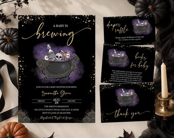 Paquete editable de invitaciones para baby shower gótico de Halloween en morado y dorado, baby shower con caldero para bebé, baby shower de Halloween para niña, BBS782