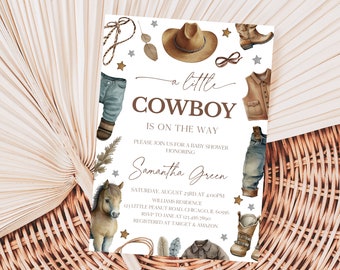 Editable A Little Cowboy Baby Shower Invitation, West Baby Shower Invite, Blue Cowboy Baby Shower Invitation, Rodeo Baby Invite, BBS708