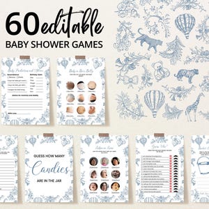 Editable Boy Blue Chinoiserie Safari Baby Shower Game Bundle, French Toile Jungle Baby Shower Game Pack, Toile De Jouy Games, BBS1032