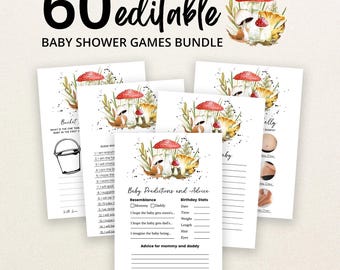 Paquete de juegos editables para baby shower con temática de setas, paquete de juegos para baby shower con temática de setas del bosque, juegos minimalistas para baby shower con temática de setas, BBS850