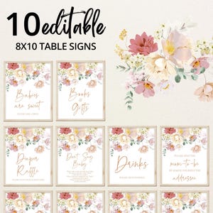 Pacote de placas de mesa para chá de bebê editável Baby in Bloom, rifa de fraldas com flores da primavera, bebês são doces, decoração para chá de bebê com flores silvestres, BBS369