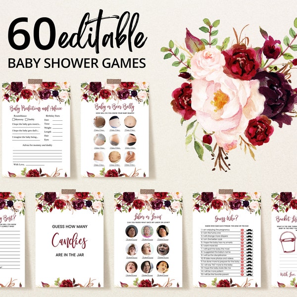 Editable Burgundy Floral Baby Shower Game Bundle, Girl Burgundy Mimosa Bar Sign Baby Shower Game Pack, Marsala Floral Shower Games, BBS262