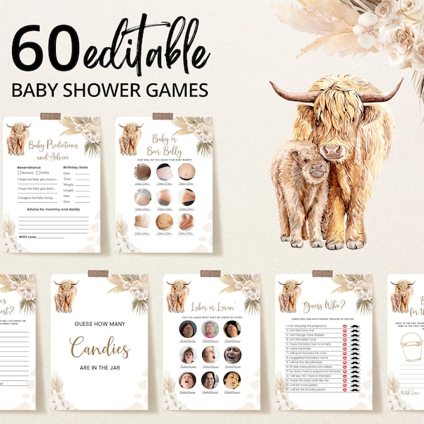 Paquete de juegos editables para baby shower con diseño de vaca sagrada, paquete de juegos para baby shower con diseño de vaca de las tierras altas de género neutro, juegos bohemios con diseño de vaca de las tierras altas, hierba de las pampas BBS386