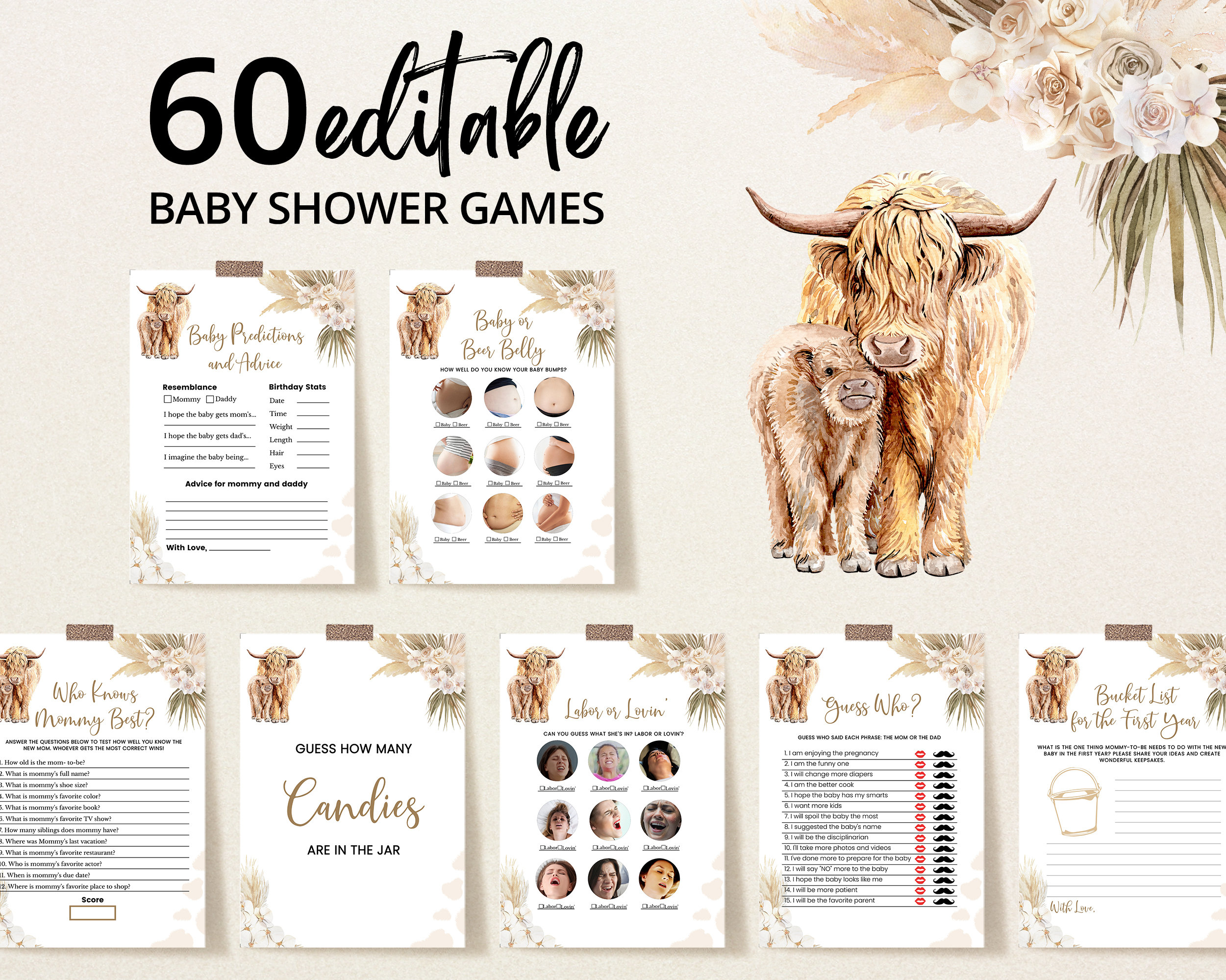 Paquete de juegos editables para baby shower con diseño de vaca sagrada, paquete de juegos para baby shower con diseño de vaca de las tierras altas de género neutro, juegos bohemios con diseño de vaca de las tierras altas, hierba de las pampas BBS386