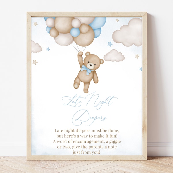 Late Night Diapers Sign Brown Bear Balloon Baby Shower, We Can Bearly Wait Baby Shower Diaper Thoughts Sign, Blue Boy Bear Decor,BBS388