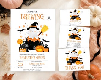 Editable A Baby is Brewing Orange Halloween Baby Shower Invitation Bundle, Little Boo Baby Shower Invite, Gender Neutral Baby Shower, BBS806