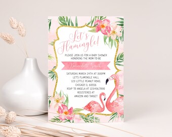 Editable Flamingo Baby Shower Invitation, Tropical Flamingo Baby Shower Invite, Palm Leaves Flamingo Baby Shower Invitation, BBS151