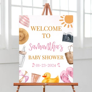 Bearbeitbares Splish Splash Baby Bash Mädchen-Babyparty-Willkommensschild, Mädchen-Sommer-Babyparty-Poster, Rosa Strand-Sommer-Duschedekor, BBS706