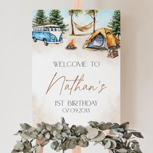 Editable One Happy Camper Woodland First Birthday Welcome Sign, Woodland Birthday Poster, Boy Camper Van Birthday Decor, BRT340